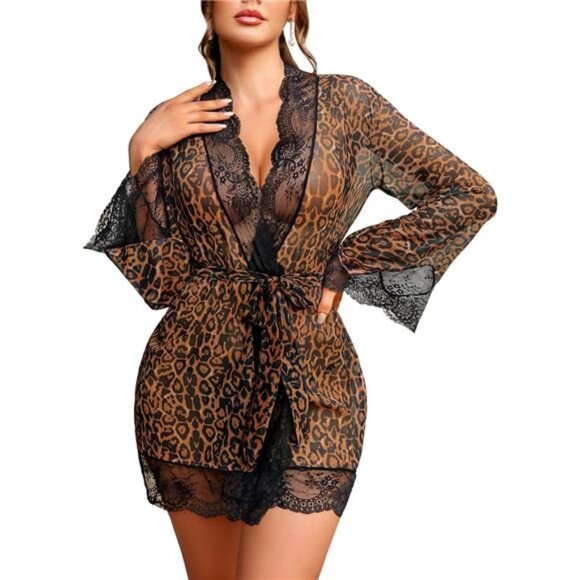 Other - Women Lace Kimono Robe Sexy Lingerie Leopard